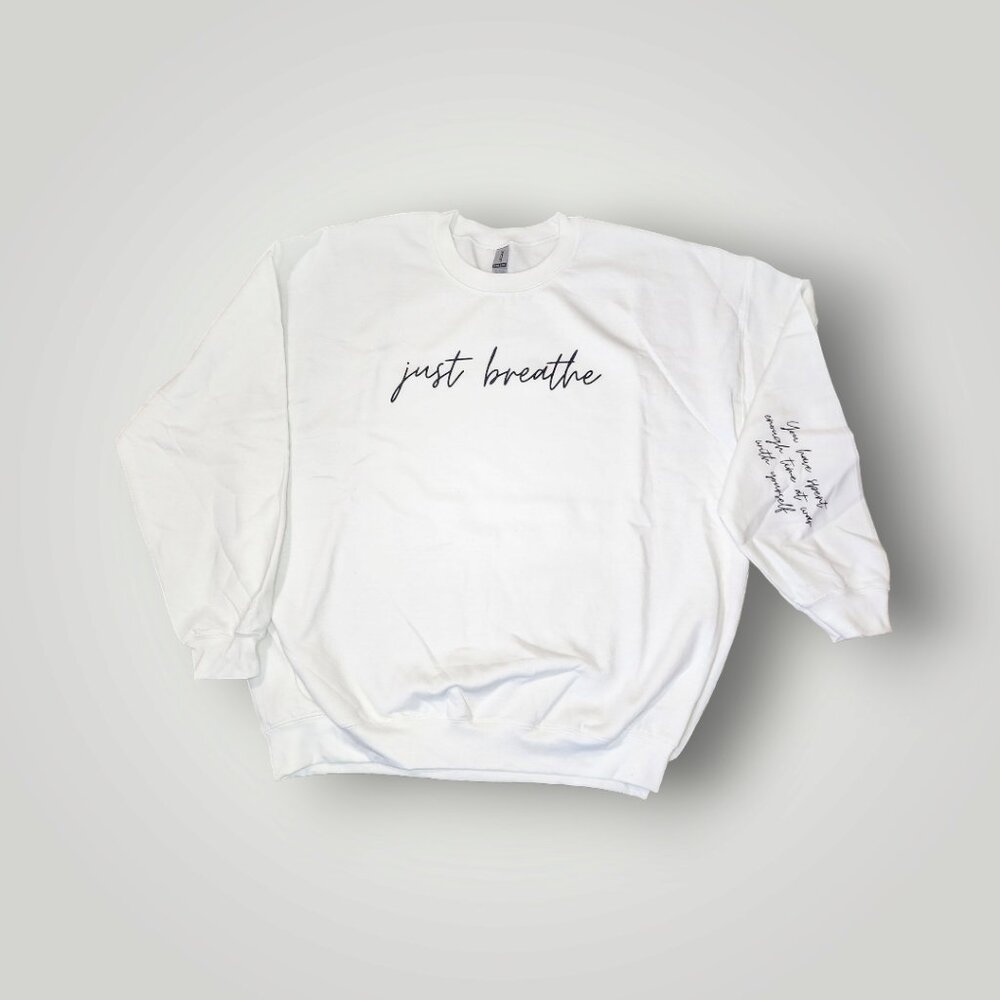 Just Breathe with Sleeve Accent Fleece Sweatshirt, White, Size X-Large